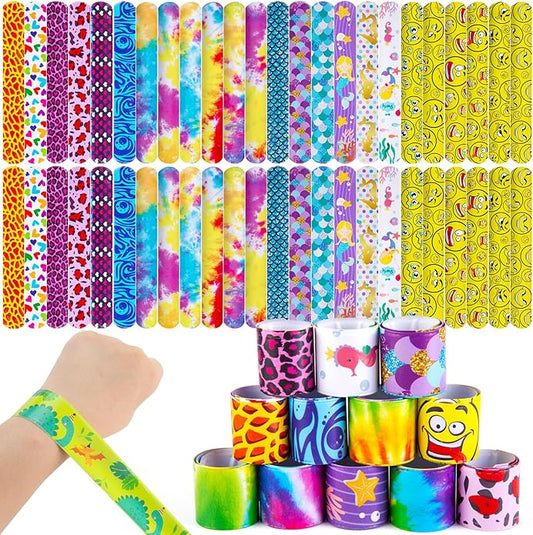 AMOR PRESENT Slap Bracelets Bulk, 48PCS Snap Bracelets for Kids Tie Dye Wrist Band Mermaid Sports for Party Favors Carnival Prizes Goodie Bags Groove Party