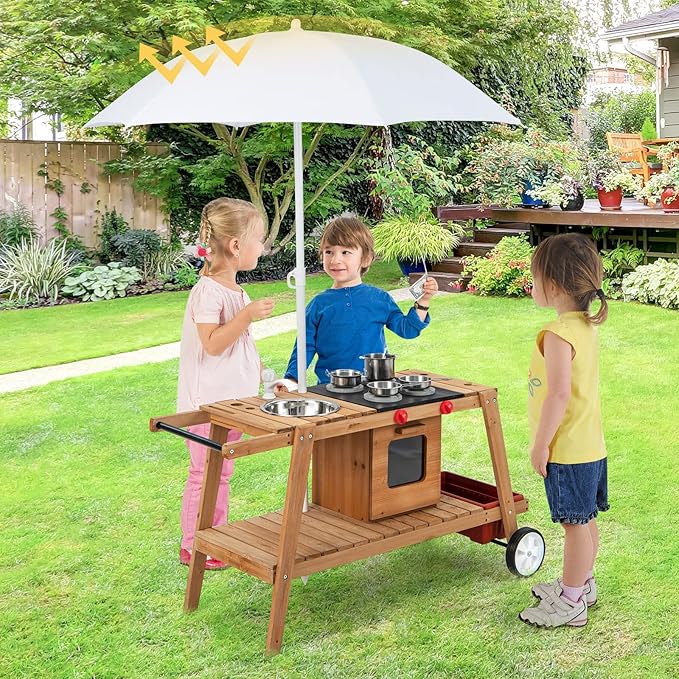 HONEY JOY Mud Kitchen with Umbrella, Wooden Rolling Mud Table Cart, Toddler Outdoor Kitchen Playset, Sink, Faucet, Planting Pots, Utensils, Storage Cabinet, Mud Kitchen for Kids Outdoor with Wheels