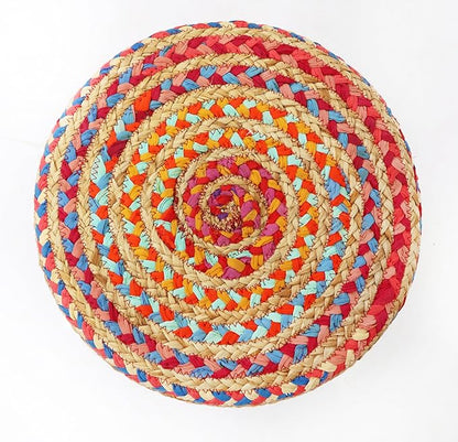 COTTON CRAFT Jute Chindi Pouf – Cylindrical Jute Cotton Braided Ottoman - Moroccan Boho Kilim Foot Stool - Bedroom Family Room Accent Seating – Footrest - Rustic Decor Round Pouf – 15 diax16 H- Multi