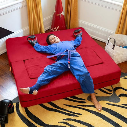 Jaxx Zipline Sofa & Large Ottoman 3 in 1 Fold Out Sofa, Big Kids Edition, Cherry (17454)