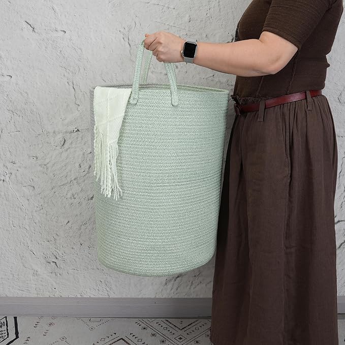 XUANGUO Cotton Rope Laundry Basket Hamper for Clothes Woven Storage Basket for Living Room Bedroom Boho Tall Rope Baskets for Blanket Toys Pillow Towels Baby Nursery Hamper Bin green Large