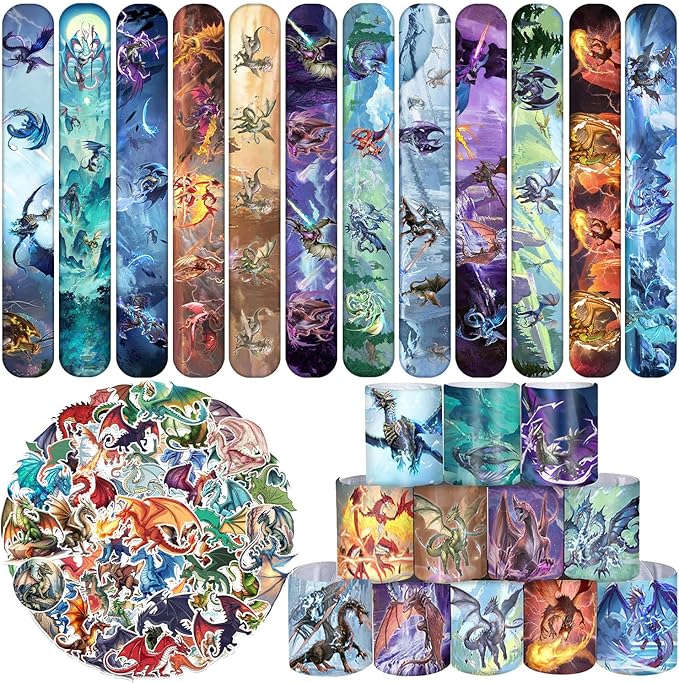 74 PCS Dragon Party Favors, 24 PCS Dragon Slap Bracelets 50 PCS Dragon Stickers Dragon Birthday Party Decorations Supplies Gifts for Kids Classroom Rewards