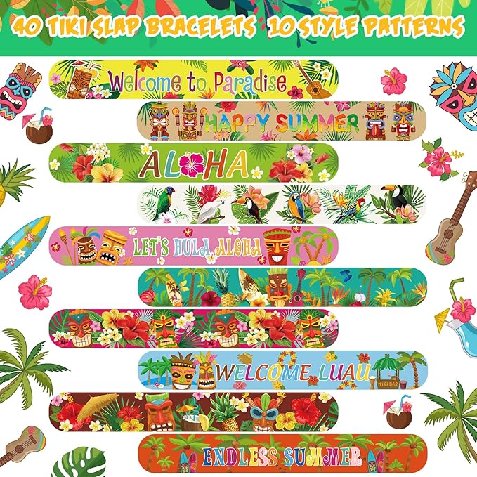 Civaner 40 Pieces Luau Party Favors Hawaiian Theme Slap Bracelets Aloha Party Decorations Tiki Snap Bracelets for Kids Summer Tropical Birthday Party Supplies Pool Beach Birthday Gifts 10 Styles
