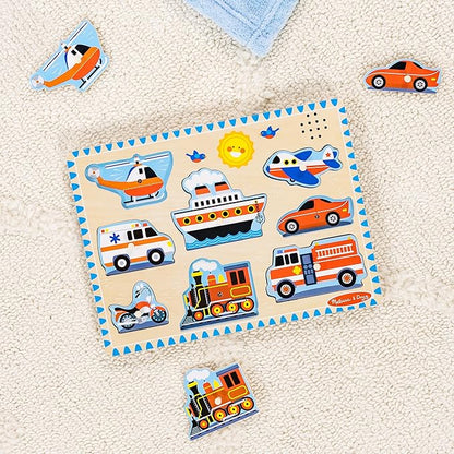 Melissa & Doug Vehicles Sound Puzzle - Wooden Peg Puzzle With Light-Activated Sound Effects (8 pcs) Puzzles for Toddlers, Wooden Puzzles For Kids Ages 2+