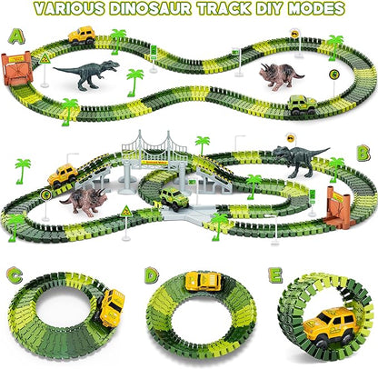 Dinosaur Tracks, 271 PCS Create A Dinosaur World Road Race for Kids Boys Toys Flexible Train Tracks Set with 2 Cool Race Cars and 2 Dinosaur Toys for Age 3 4 5 6 7 8 Year & Up Old Boy Girls Best Gift