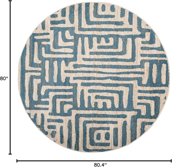 SAFAVIEH Amsterdam Collection 6'7" Round Ivory / Light Blue AMS106C Modern Abstract Non-Shedding Dining Room Entryway Foyer Living Room Bedroom Area Rug