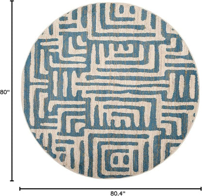 SAFAVIEH Amsterdam Collection 6'7" Round Ivory / Light Blue AMS106C Modern Abstract Non-Shedding Dining Room Entryway Foyer Living Room Bedroom Area Rug