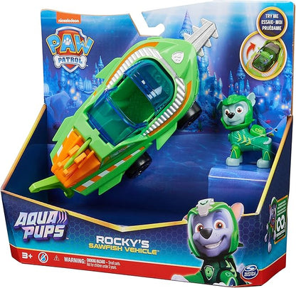 Paw Patrol Aqua Pups Rocky Transforming Sawfish Vehicle with Collectible Action Figure, Kids Toys for Ages 3 and up