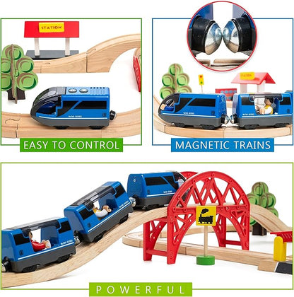 Battery Operated Action Locomotive Toy Train Set for Wooden Train Tracks, (Magnetic)-Compatible with Thomas The Train Toys, Brio Train Set for Toddlers 3-5 and up, Stocking Stuffers for Kids