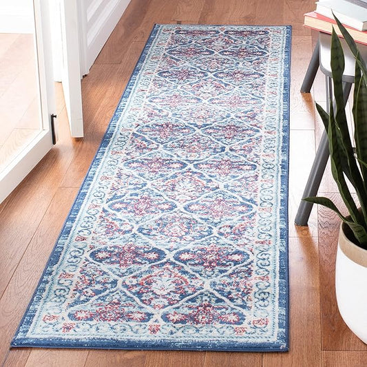 SAFAVIEH Brentwood Collection 2' x 8' Navy / Red BNT870N Oriental Damask Trellis Non-Shedding Living Room Entryway Foyer Hallway Bedroom Runner Rug