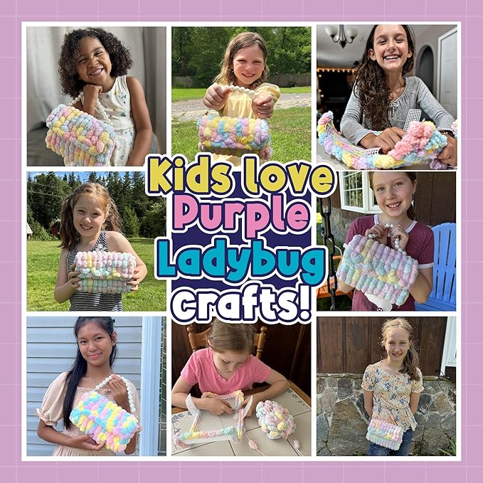 PURPLE LADYBUG Make Your Own Pom Pom Purse Kit – Arts and Crafts for Kids Ages 6-8, Girl Gift Ideas for Ages 6-10, Birthday or Easter Gifts for Girls