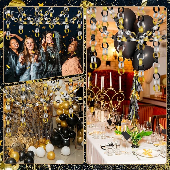 CHRORINE 600Pcs Colorful Paper Chains Strips for Birthday Party Decorations DIY Crafts Supplies (Gold Silver Black, 1 x 7.08 inches)