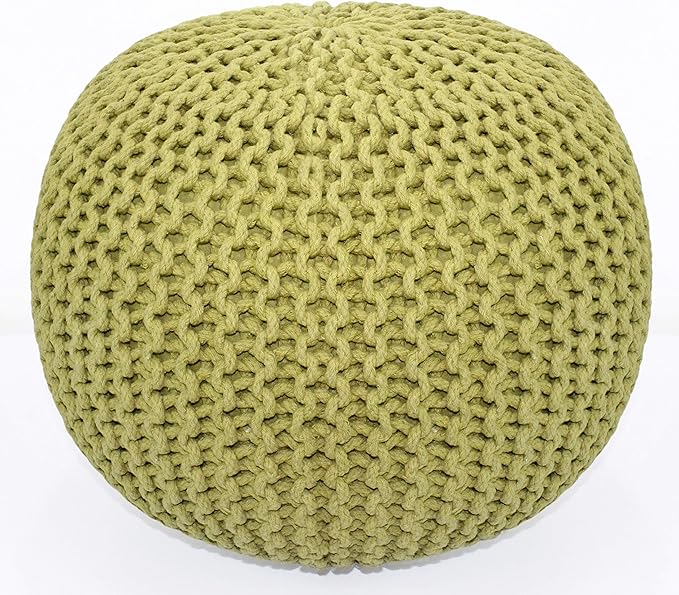 COTTON CRAFT - Hand Knitted Cable Style Dori Pouf - Green - Floor Ottoman - Cotton Braid Cord - Handmade & Hand Stitched - Truly one of a Kind Seating - 20 Dia x 14 High