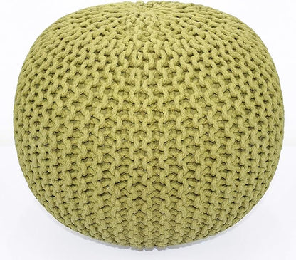 COTTON CRAFT - Hand Knitted Cable Style Dori Pouf - Green - Floor Ottoman - Cotton Braid Cord - Handmade & Hand Stitched - Truly one of a Kind Seating - 20 Dia x 14 High