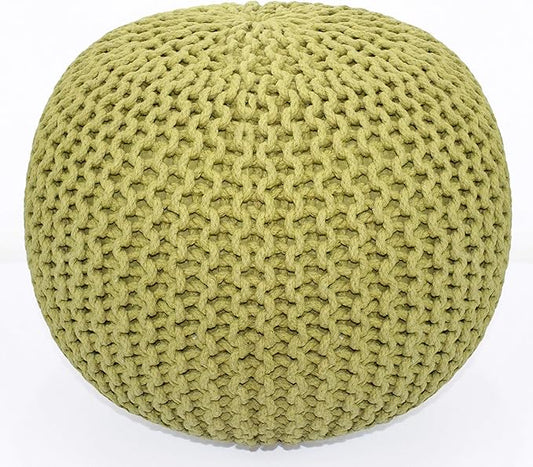 COTTON CRAFT - Hand Knitted Cable Style Dori Pouf - Green - Floor Ottoman - Cotton Braid Cord - Handmade & Hand Stitched - Truly one of a Kind Seating - 20 Dia x 14 High
