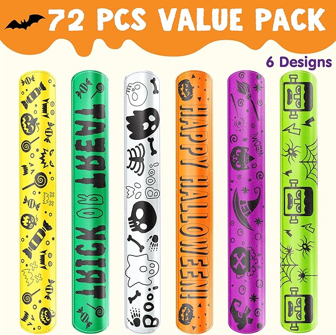 JOYIN 72 Pcs Halloween Slap Bracelets, Reflective Slap Bracelets Bulk for Kids Gifts, Friendship Bracelets for Halloween Goodie Bag Fillers, Halloween Party Favors School Classroom Game Prizes