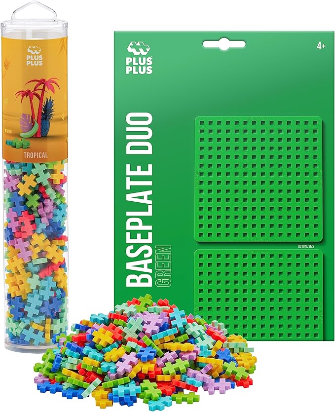 PLUS PLUS 240 Piece Interlocking Building Blocks for Kids, Open Ended Connecting Toys, STEM Bin Mini Manipulatives - Tropical Mix Play Tube & Baseplate