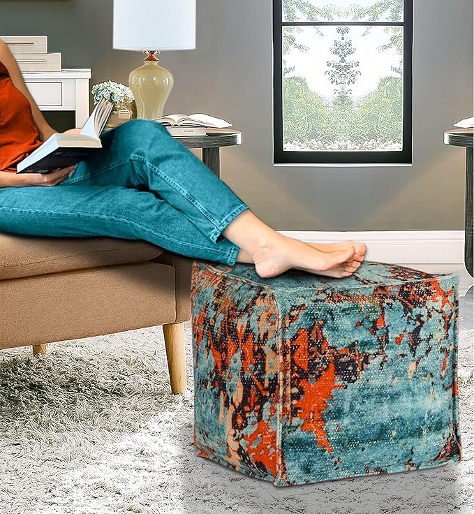 COTTON CRAFT Printed Pouf - Ottoman Foot Stool Bean Bag - Dorm Kids Room Bedroom Home Décor Accent Seating - Boho Modern Comfortable Prefilled Cotton Square Pouf Footrest - 17x17x17 inch - Teal Aqua