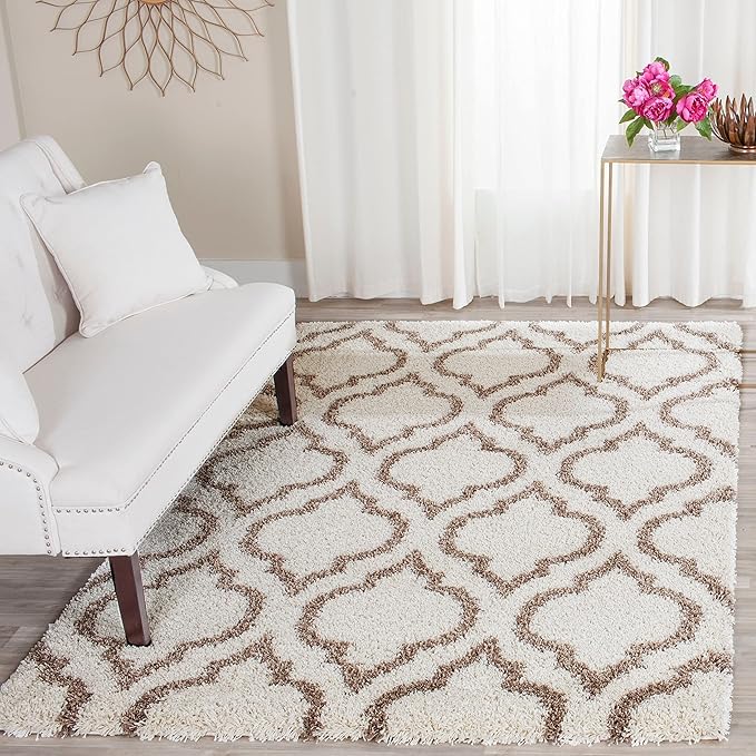 SAFAVIEH Hudson Shag Collection Area Rug - 9' x 12', Ivory & Grey, Moroccan Design, Non-Shedding & Easy Care, 2-inch Thick Ideal for High Traffic Areas in Living Room, Bedroom (SGH284A)