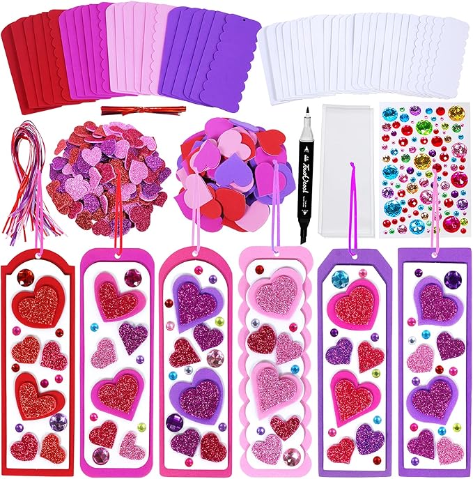 Winlyn 24 Sets Valentine's Day Decorations DIY Heart Bookmarks Valentine Craft Kits Blank Foam Bookmarks with Assorted Hearts Stickers for Kids Classroom Activities Reading Party Favors Gift Exchange