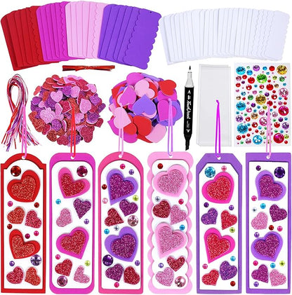 Winlyn 24 Sets Valentine's Day Decorations DIY Heart Bookmarks Valentine Craft Kits Blank Foam Bookmarks with Assorted Hearts Stickers for Kids Classroom Activities Reading Party Favors Gift Exchange
