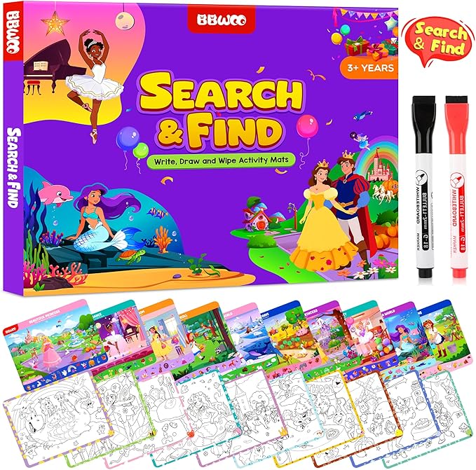 Search and Find Activity Books for Kids Ages 3-5, 2 In 1 Princess Preschool Educational Seek Game Coloring Books, Travel Games Toys for Car Airplane, Road Trip Activities for Kids, Birthday Gifts