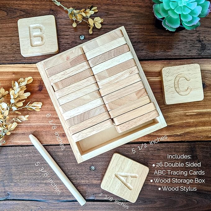 Montessori Wooden Alphabet Tiles Set – Tracing Letters for Kids | Double-Sided ABC Flash Cards (Uppercase & Lowercase) | Includes Stylus Pen & Storage Box | 26-Piece Educational Toy