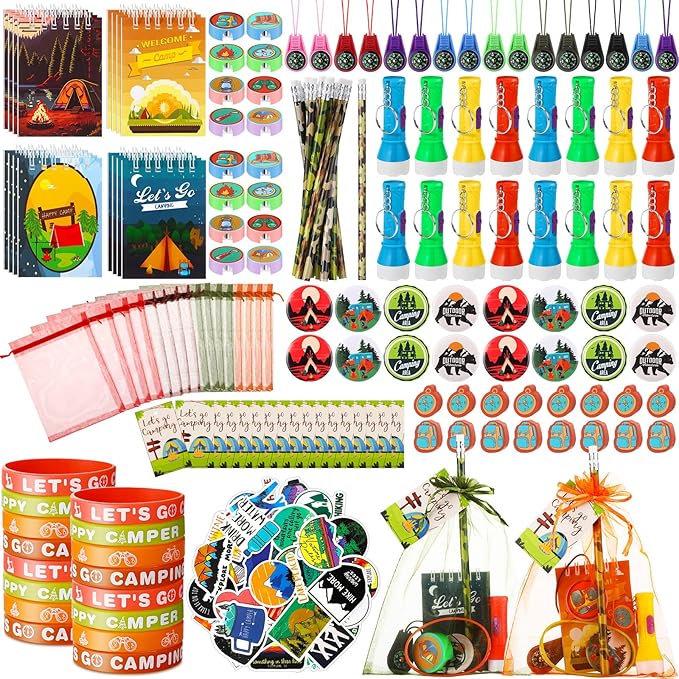210 Pcs Camping Party Favors Camper Birthday Party Decoration Notepad Pencil Sharpener Eraser Badge Sticker Bracelet Compass Tag Keychain Flashlight Bag for Camping Theme Adventure Supplies