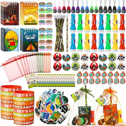 210 Pcs Camping Party Favors Camper Birthday Party Decoration Notepad Pencil Sharpener Eraser Badge Sticker Bracelet Compass Tag Keychain Flashlight Bag for Camping Theme Adventure Supplies