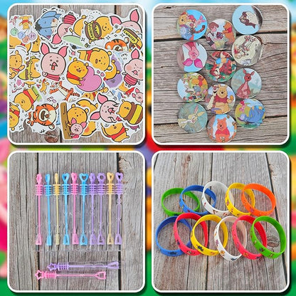 124PCS Bear Baby Shower Party Favor Supplies, Themed Birthday Decorations Including 12 Bracelets, 12 Keychains, 12 Button Pins, 50 Stickers, 14 Stampers, 12 Bubble Wands and Stickers, Yellow