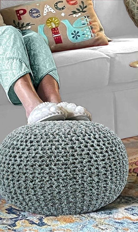 COTTON CRAFT - Hand Knitted Cable Style Tweed Dori Pouf - Spa-Chocolate - Floor Ottoman - Cotton Braid Cord - Handmade & Hand Stitched - Truly one of a Kind Seating - 20 Dia x 14 High