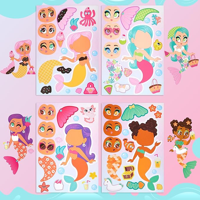 JOYIN 36 Pcs 9"x6" Mermaid Make a face Stickers for Kids, Make Your Own Mermaid Sticker Sheets, Party Favors Kids Crafts, Goodie Bags Stuffers, Classroom Rewards