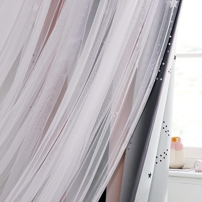 NICETOWN Blackout Moon Stars Kids Curtains for Girls Bedroom Aesthetic Decor Colorful Cute Double Layer Stripe Rainbow Window Wall Home Decoration Curtain, 2 Panels, W52 x L84 Inches, Pink & Grey