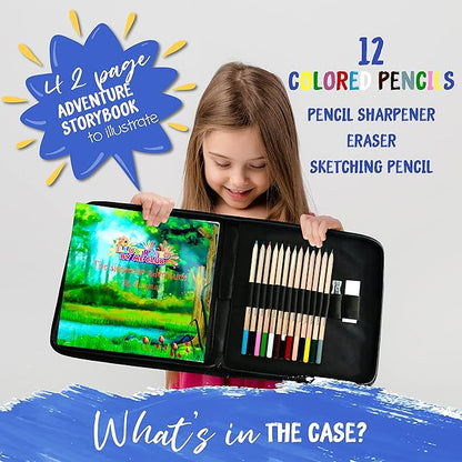 Illustrate Me- KidsTravel Activity Set Storybook-Bring The Story to Life with Your Creative Illustrations-Portable Art Set Kids 6-12- Drawing kit for Kids-Handy Zipped case-Kids Art-Drawing-Storybook