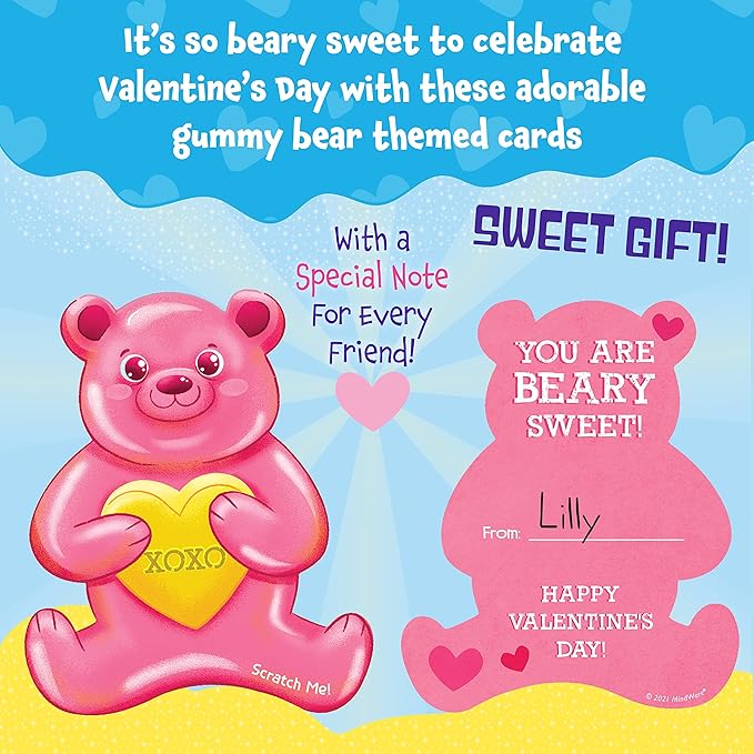 Peaceable Kingdom Valentines Cards for Kids Classroom, Set of 28 Valentines Day Gifts - Gummy Bear Scratch and Sniff Scented Candy Heart Valentines