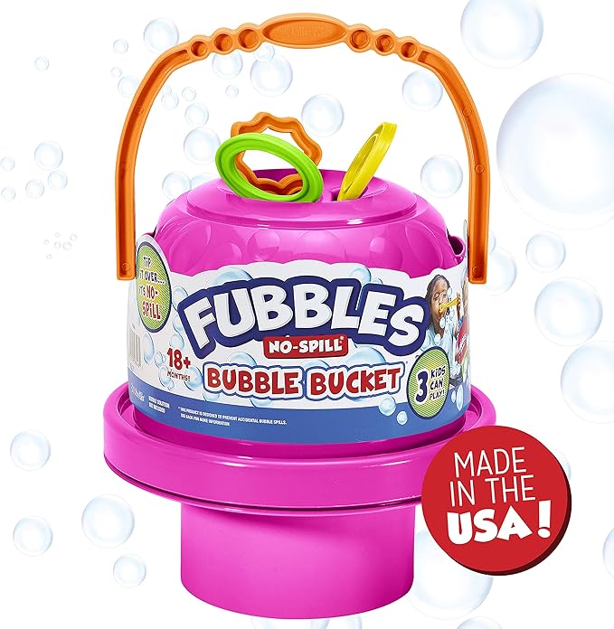 Fubbles Bubbles No-Spill Big Bubble Bucket in Pink | Bubbles for Toddlers and Kids of All Ages | Includes Fubbles Bubbles Bucket and 3 Bubble Wands, Made in The USA