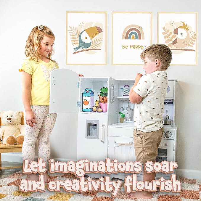 Sunnydaze Chef Sounds Interactive Play Kitchen for Kids - Wooden Kitchen Playset with Lights, Sounds, and Accessories - White