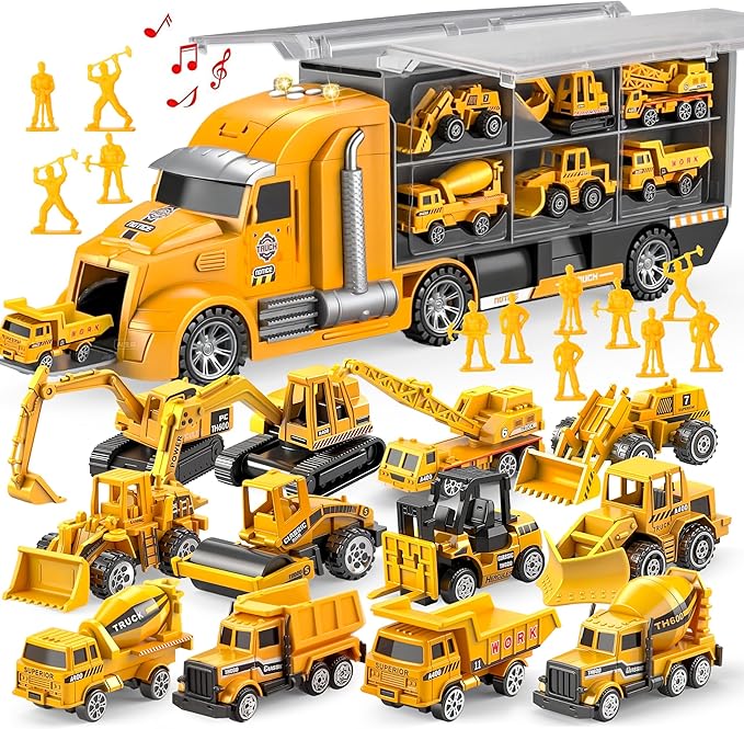 JOYIN 25-in-1 Construction Truck Toy Set with 12 Vehicles & 12 Worker Figures, Push and Go Toy Trucks with Sound and Light, Construction Toys Easter Basket Birthday Gifts for Kids 3 4 5 6 7 Years Old