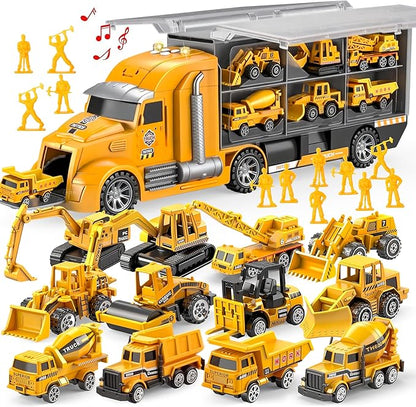 JOYIN 25-in-1 Construction Truck Toy Set with 12 Vehicles & 12 Worker Figures, Push and Go Toy Trucks with Sound and Light, Construction Toys Easter Basket Birthday Gifts for Kids 3 4 5 6 7 Years Old