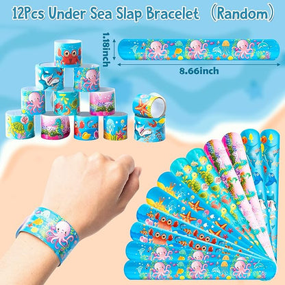 ANGOLIO Ocean Sea Animals Party Favor - 114Pcs Ocean Aniamls Toys Include Sea Animals Keychains Stickers Bracelet Cute Make A Face Stickers for Kids Ocean Themed Birthday Party Classroom Rewards