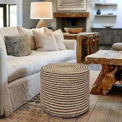 COTTON CRAFT Braided Pouf – Cylindrical Jute Cotton Ottoman - Boho Foot Stool - Bedroom Dorm Family Room Accent Seating – Rustic Decorative Round Pouf – 15 Dia x 16 Height - Natural Black Pinstripe