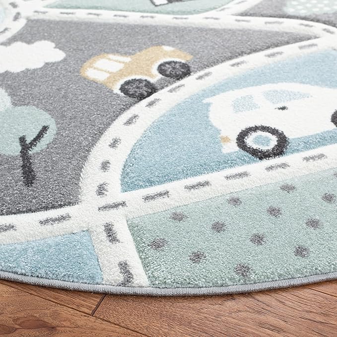 SAFAVIEH Carousel Kids Collection 6'7" Round Grey/Light Blue CRK193F Neighborhood Non-Shedding Nursery Playroom Area Rug