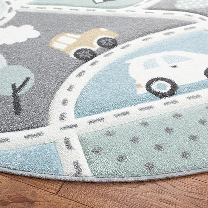 SAFAVIEH Carousel Kids Collection 6'7" Round Grey/Light Blue CRK193F Neighborhood Non-Shedding Nursery Playroom Area Rug