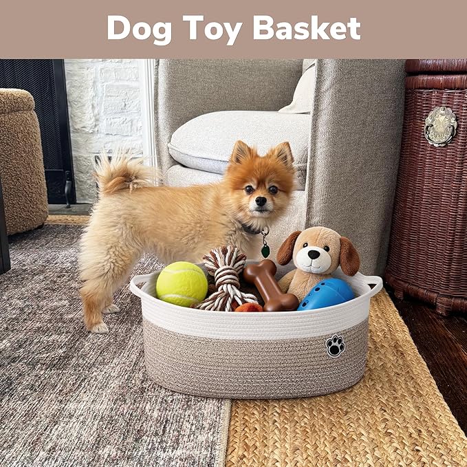 Large Dog Toy Basket, 19.7" X 11" X 7.9" Woven Rope Basket for Toy Storage, Dog Storage Bins with Handles, Gift Baskets Empty for Baby Shower, Mixed-Brown