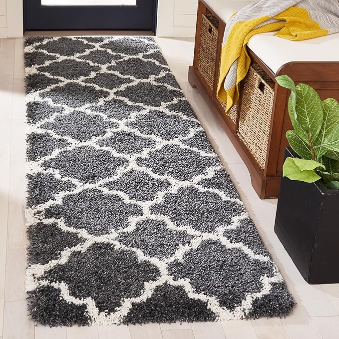 SAFAVIEH Hudson Shag Collection Runner Rug - 2'3" x 8', Dark Grey & Ivory, Moroccan Trellis, Non-Shedding & Easy Care, 2-inch Thick Ideal for High Traffic Areas in Living Room, Bedroom (SGH282G)