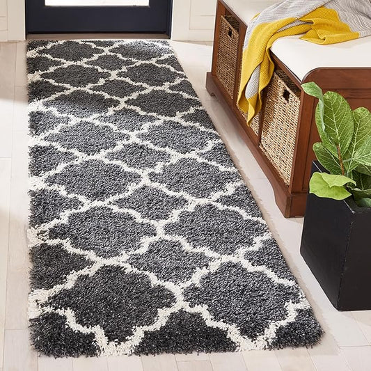 SAFAVIEH Hudson Shag Collection Runner Rug - 2'3" x 8', Dark Grey & Ivory, Moroccan Trellis, Non-Shedding & Easy Care, 2-inch Thick Ideal for High Traffic Areas in Living Room, Bedroom (SGH282G)