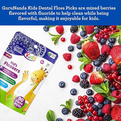 GuruNanda Dental Floss Picks for Kids, Extra-Long Giraffe-Shaped Picks with Fluoride, Anti-Slip & Shred-Resistant Design & Eco-Friendly Handle & Berry Flavor, Ideal for Ages 3+, 90 Count (Pack of 2)