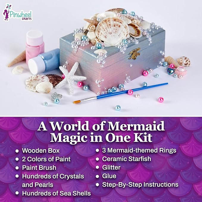 Pinwheel Crafts Mermaid DIY Jewelry Box Kit for Girls Ages 4+ - 530Pc Make Your Own Jewelry Box, Girls DIY Craft Kits - Mermaid Craft Gifts for Girls - Painting Arts and Crafts for Girls 4-6 7 8 Years
