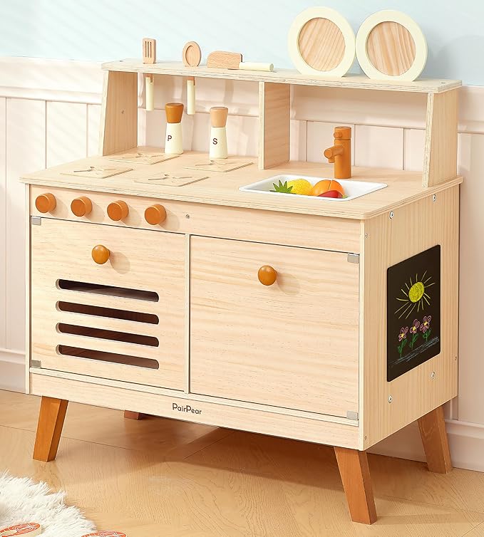PairPear Play Kitchen for Kids, Wooden Toys Play Kitchen Sets with Toy Play Food Plates and Dishes, Larage Toy Storage System Kids Play Kitchen Accessories Designed Toys Gift for Age 3+