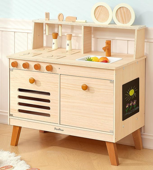 PairPear Play Kitchen for Kids, Wooden Toys Play Kitchen Sets with Toy Play Food Plates and Dishes, Larage Toy Storage System Kids Play Kitchen Accessories Designed Toys Gift for Age 3+